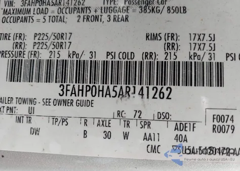 2010 Ford Fusion Se из США, поврежденный, VIN 3FAHP0HA5AR141262